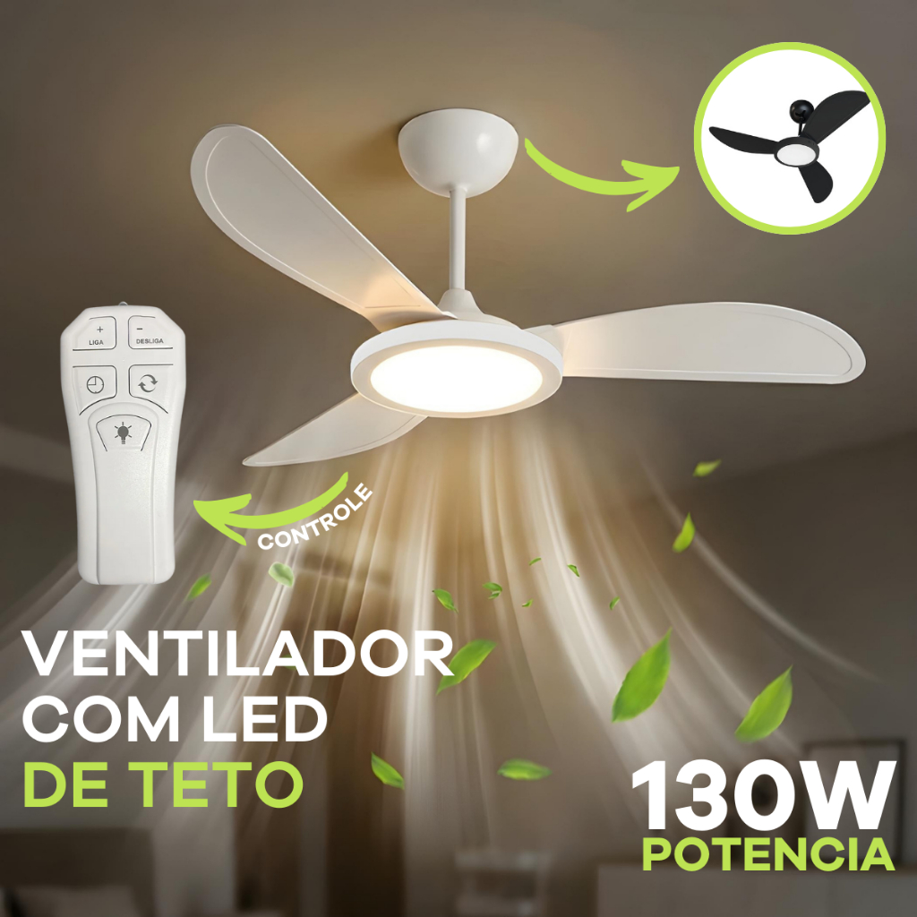 Ventilador de Teto 130W Painel Plafon LED Luminária Silencioso com Controle Grande 3 Pás Econômico
