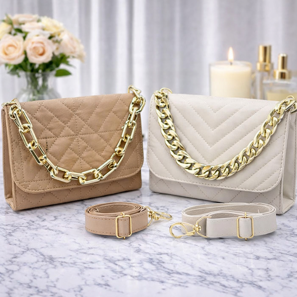 Kit 2 Bolsas Femininas Transversais | Luxo com Corrente Dourada + Alça Ajustável