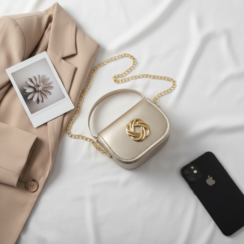 Mini Bolsa Feminina Preta com Metal de Flor Dourado – Elegante e Sofisticada