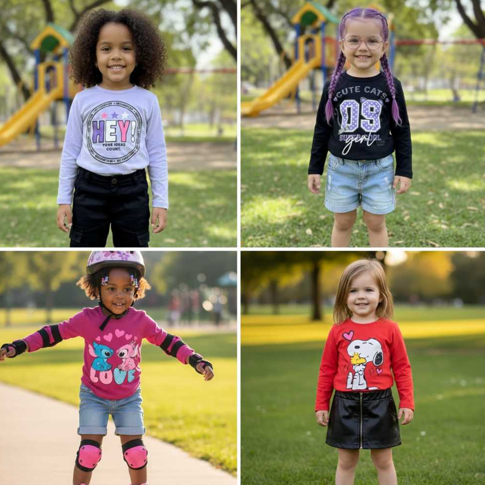 Kit 4 Camiseta Infantil Menina Manga Longa Inverno Cores e Estampas Sortidas 01 ao 03 100% Algodão