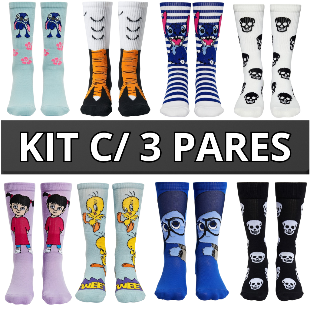 Kit 3 Pares de Meias Divertidas Adulto – Personagens | Unissex