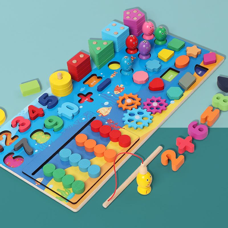 Brinquedo Educativo Infantil Multifuncional de Madeira com Pesca Magnética e Blocos Montessori