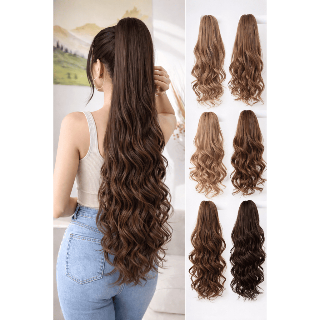 Aplique Rabo de Cavalo Cabelo Cor Castanho Escuro Claro Médio Fibra Orgânica Liso Ondulado Enrolado Presilha Chocolate