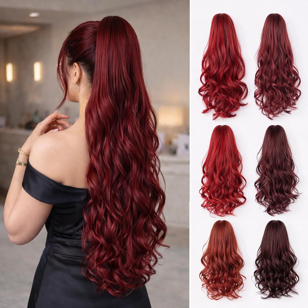 Aplique Rabo de Cavalo Vermelho Cereja Marsala Cherry Vinho Cabelo Orgânica Humano Liso Ondulado Presilha Cacheado