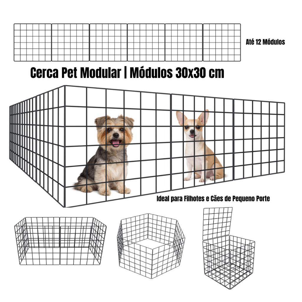 Cercadinho Pet para Cachorro Filhote Grade de Metal 30x30 cm Até 12 Módulos