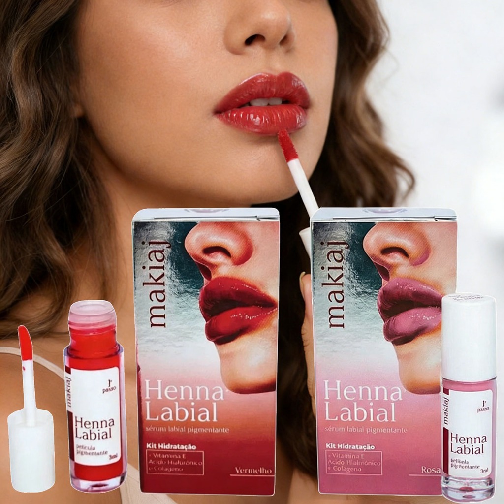 Henna Labial Makiaj Rosa e Vermelha 3ML , Pigmentação Intensa e Efeito Duradouro