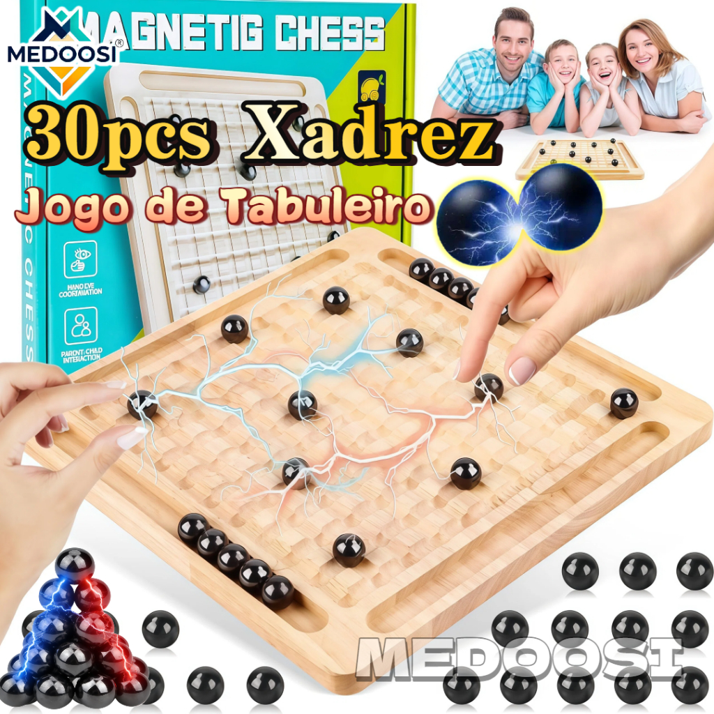​​MEDOOSI Xadrez Magnético de Madeira Portátil Jogo de Tabuleiro Infantil com 30Peças Brinquedo Educativo para Interação