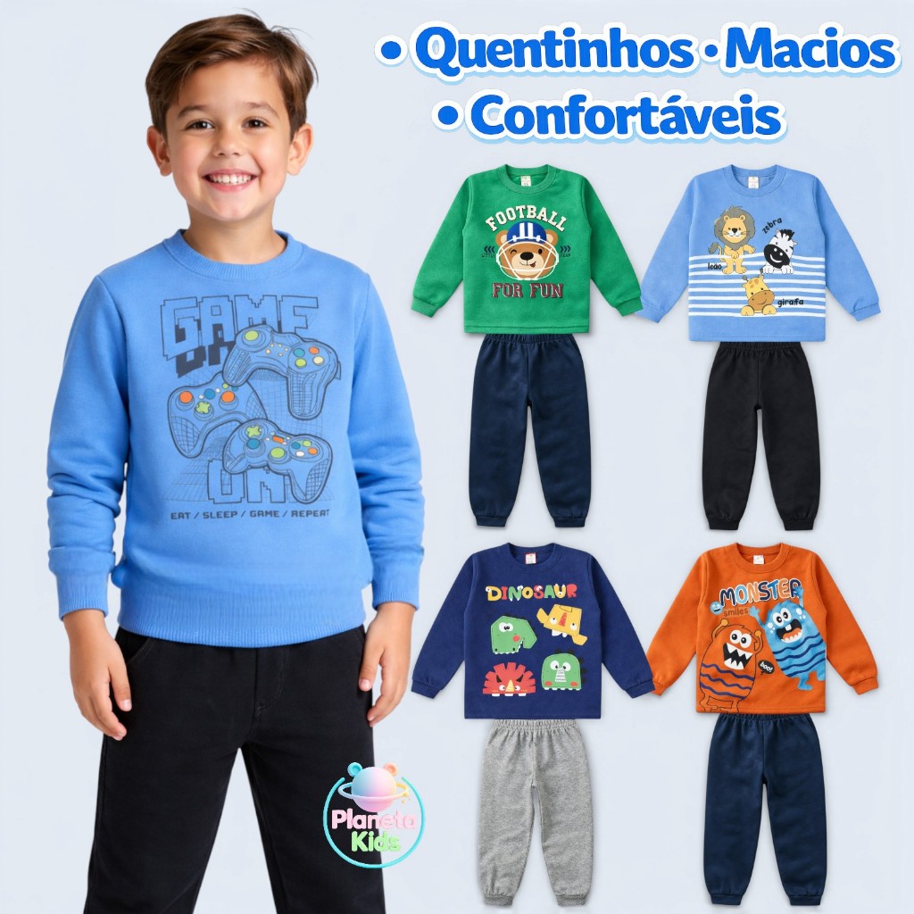 Kit 4 Peças Moletom Masculino Infantil Juvenil 1 a 14