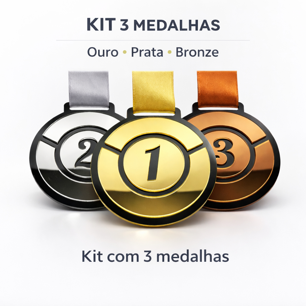 Kit 3 Medalhas em Acrílico Espelhado para Premiações Com Fitas Cetim 20mm