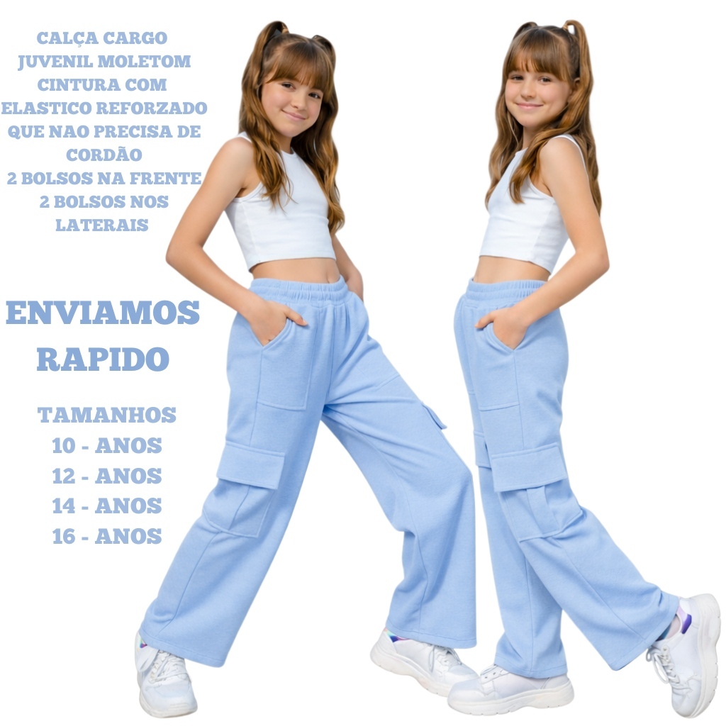 Calça Cargo Moletom Menina Juvenil Moda 2026