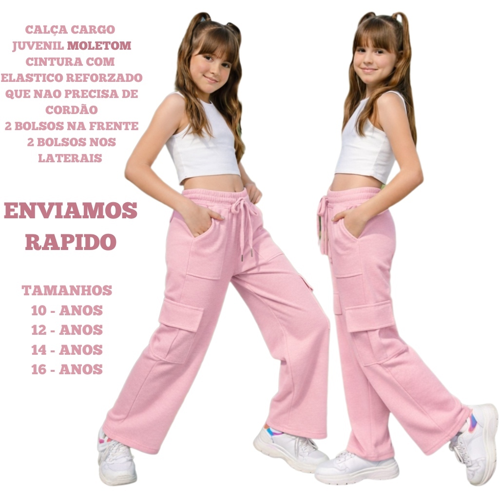 Calça Moletom Cargo Juvenil Feminina Conforto Premium
