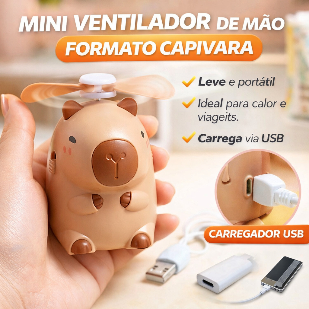 Mini Ventilador Portatil USB Capivara Recarregável Potente Silencioso Pratico Lash Designer
