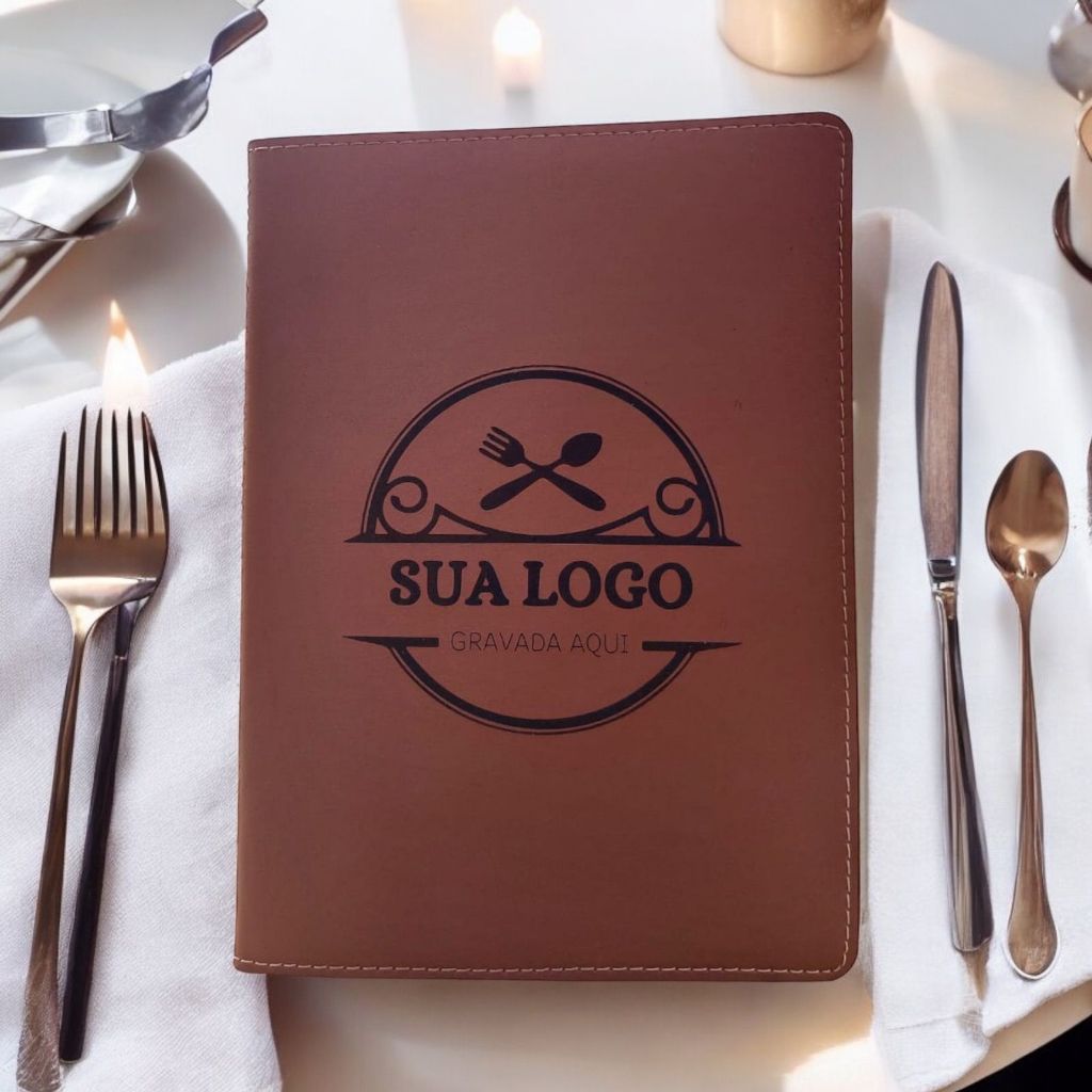 6 porta cardapio para folha A4 em courino com sua logomarca gravada a laser do seu restaurante