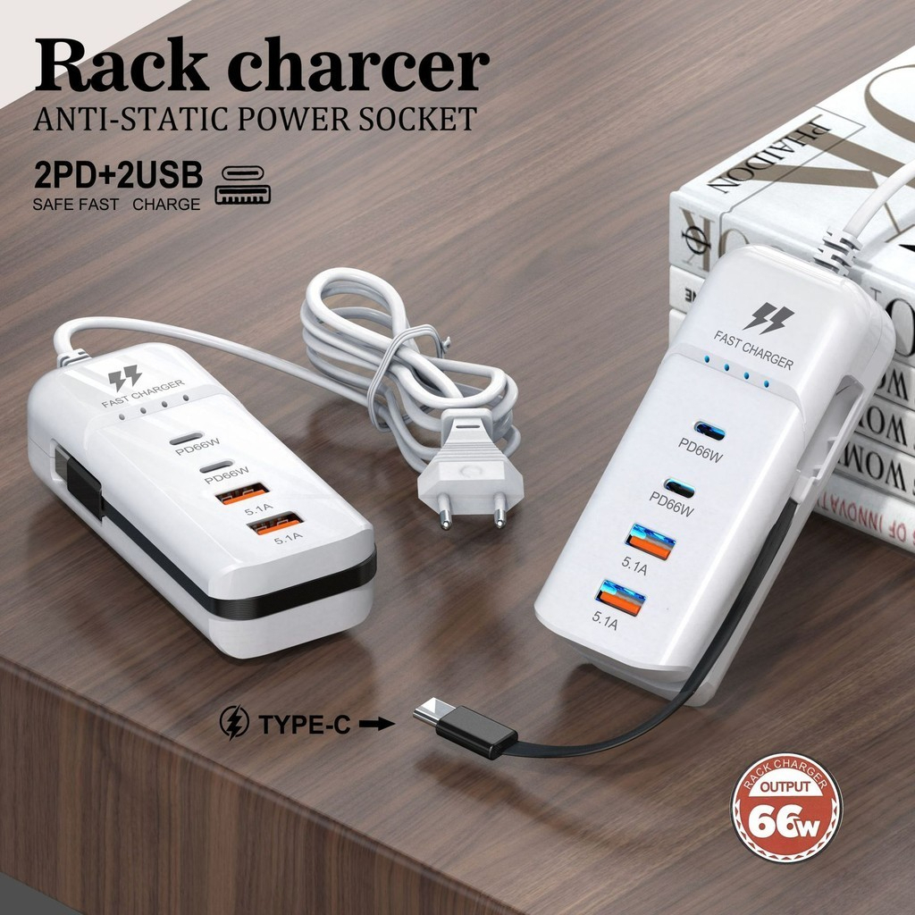 Hub Carregador 66W 4 Portas USB Tipo C + Cabo Tomada Adaptador Extensão Universal Celular Tablet