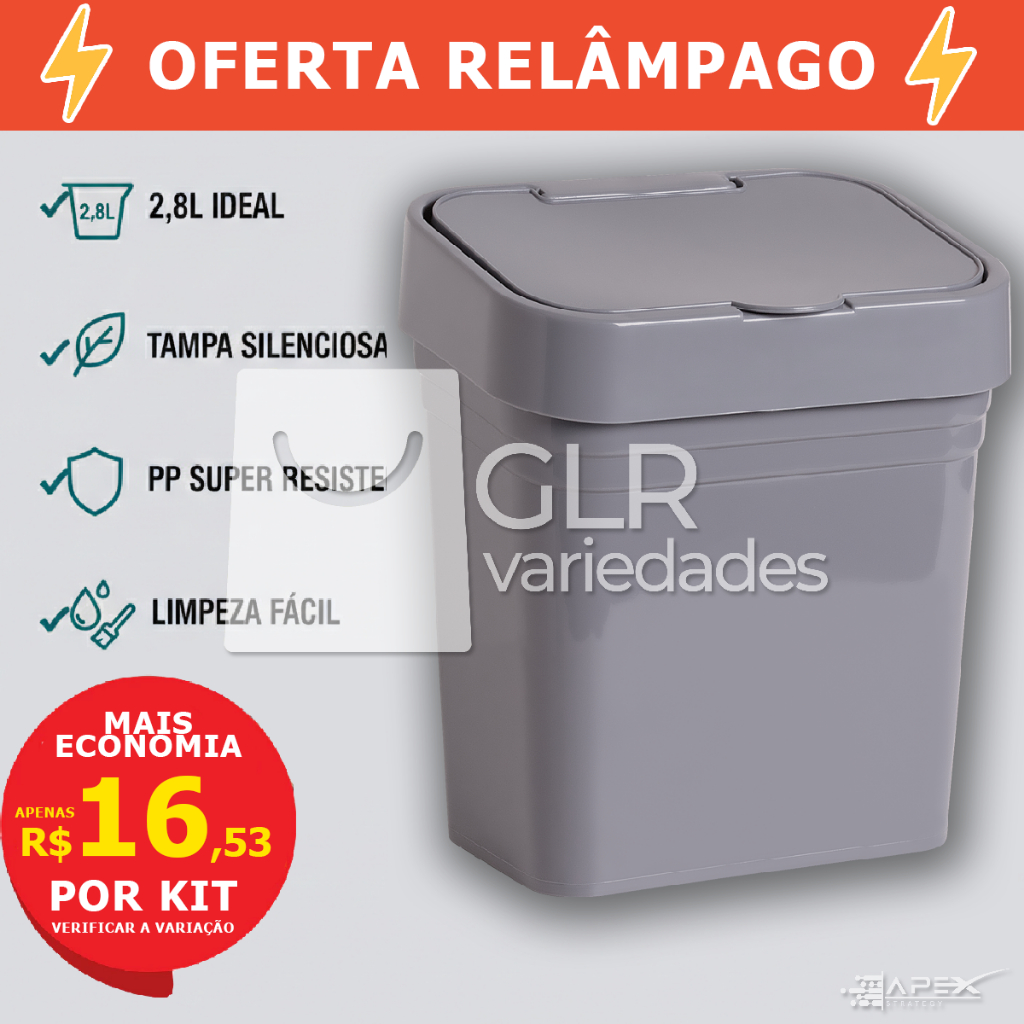 Lixeira lixo de Pia 2,8L Plástica Reforçada com Tampa Para Cozinha Banheiro Mesa Escritório Moderna