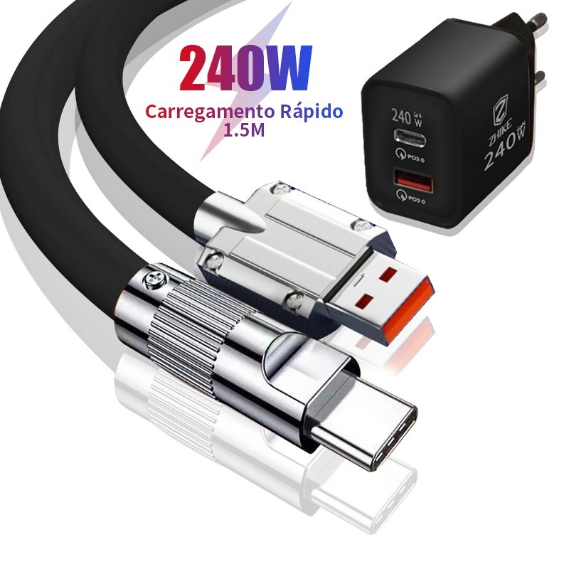 Cabo 1,5 Metros Celular Carregador Carregamento rápido Tipo C V8 iP Silicone Com Adaptador 240W
