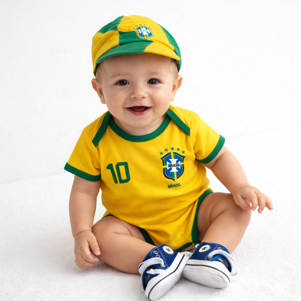 Body Bebê Mesversário Brasil Campeão & Boina & Tenis Fantasia Tematico Copa Do Mundo