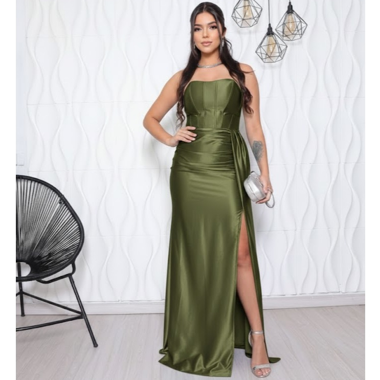 Vestido Feminino longo de Festa Elegante Luxo com Fenda Moda Casual para Casamento e Eventos