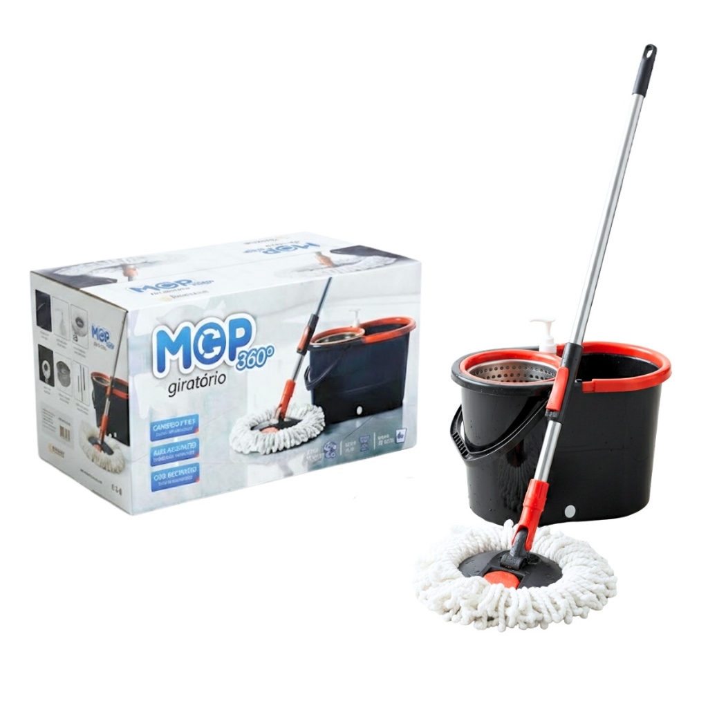 Mop Giratório 360° Grande - 14L com Cesto Inox + 2 Esfregões | Cabo Longo – Polex Full Home