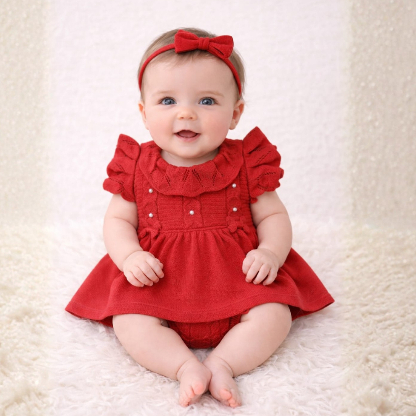 Conjunto Tricô Menina Vestido Tapa Fralda Laço Bebê Enxoval Calcinha Maternidade