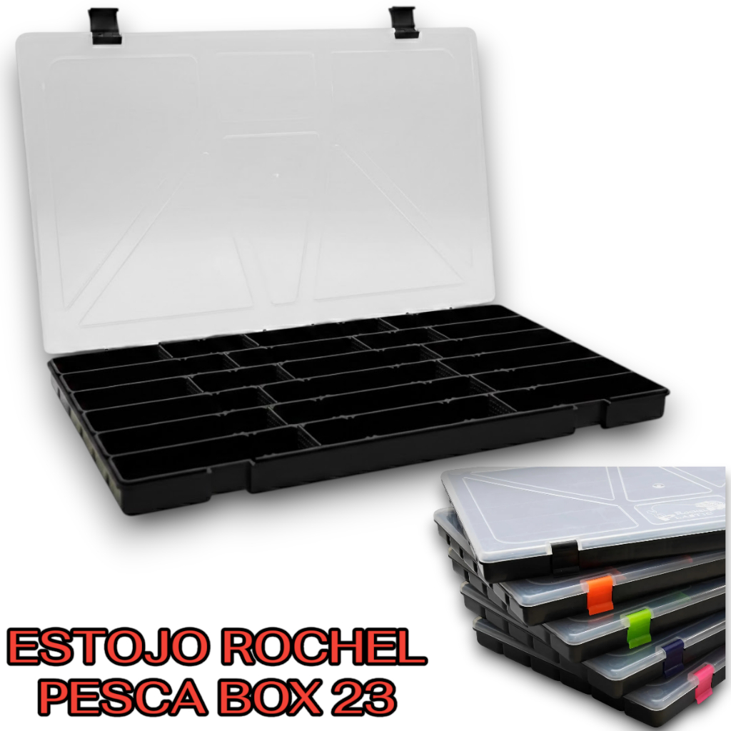 Estojo Rochel Pesca Caixa De Iscas Box 23 Preto Tampa Transparente 22 Div e Divisorias e Travas Coloridas