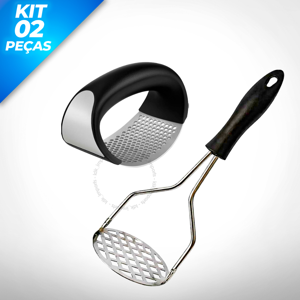 Kit 2 Utensílios Cozinha Inox Espremedor de Alho Manual e Amassador de Batata Resistente Premium