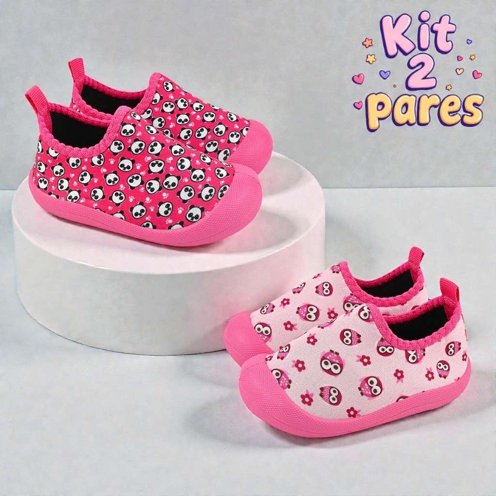 Kit 2 Pares Tênis Calce Fácil Infantil Menina Macio Confortável Antiderrapante Dia Dia Pandoka