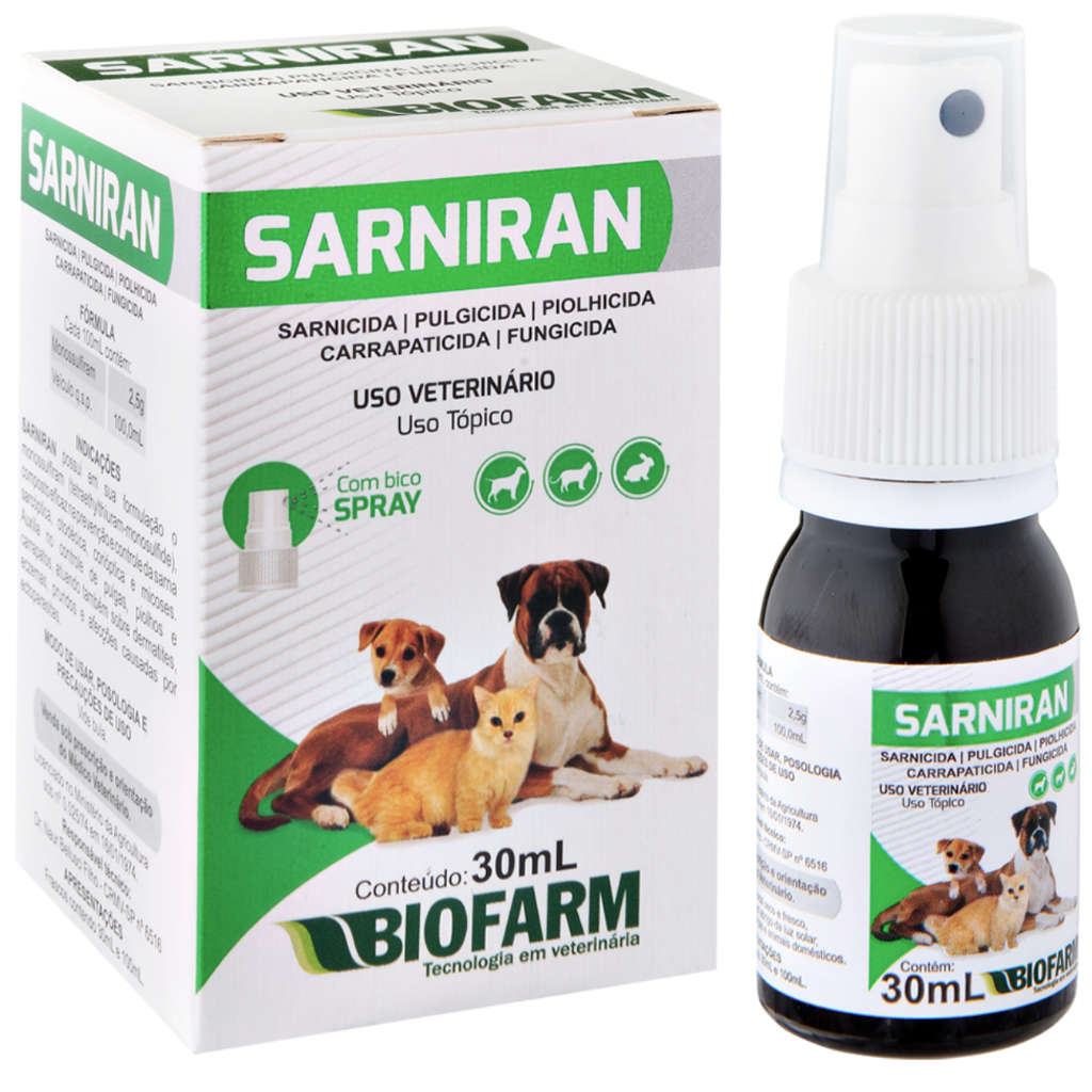 Sarniran Sarnicida Pulgicida Piolhicida Carrapaticida Fungicida Spray 30ml Animais Variados