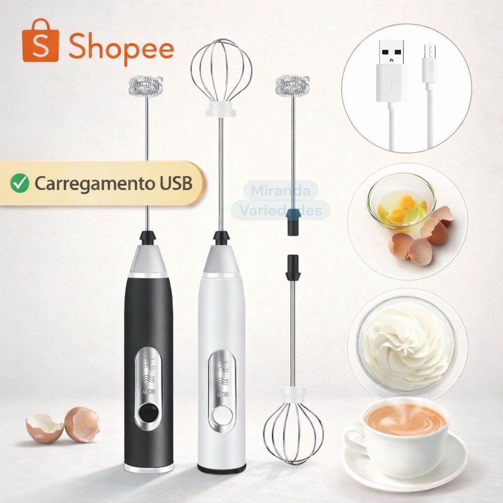 Kit 2 Batedor Misturador Elétrico Mixer Bebidas Leite Café  Suco Vitamina Fitness Clara de Ovo 2em 1