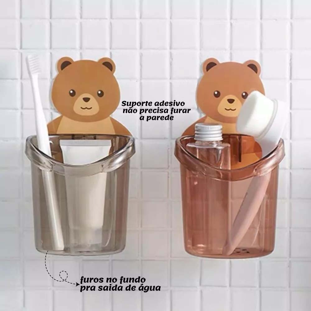 Kit 2 Peças Porta Escova E Acessórios De Parede Adesivo De Urso Ursinho