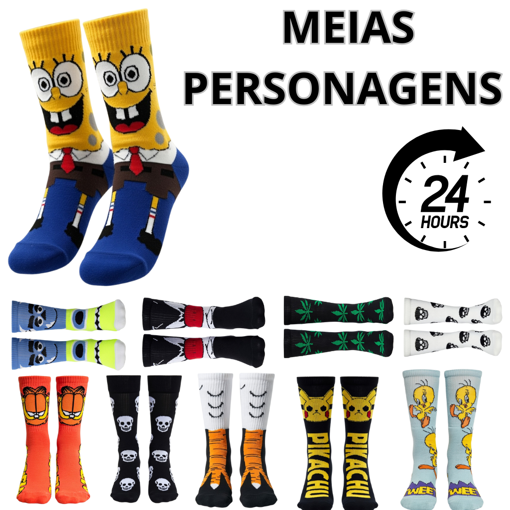 Meia Divertida de Personagem Cano Alto Unissex Estampas Exclusivas Algodão Confortável Envio Imediato Geek/ Nerd/ Gamer