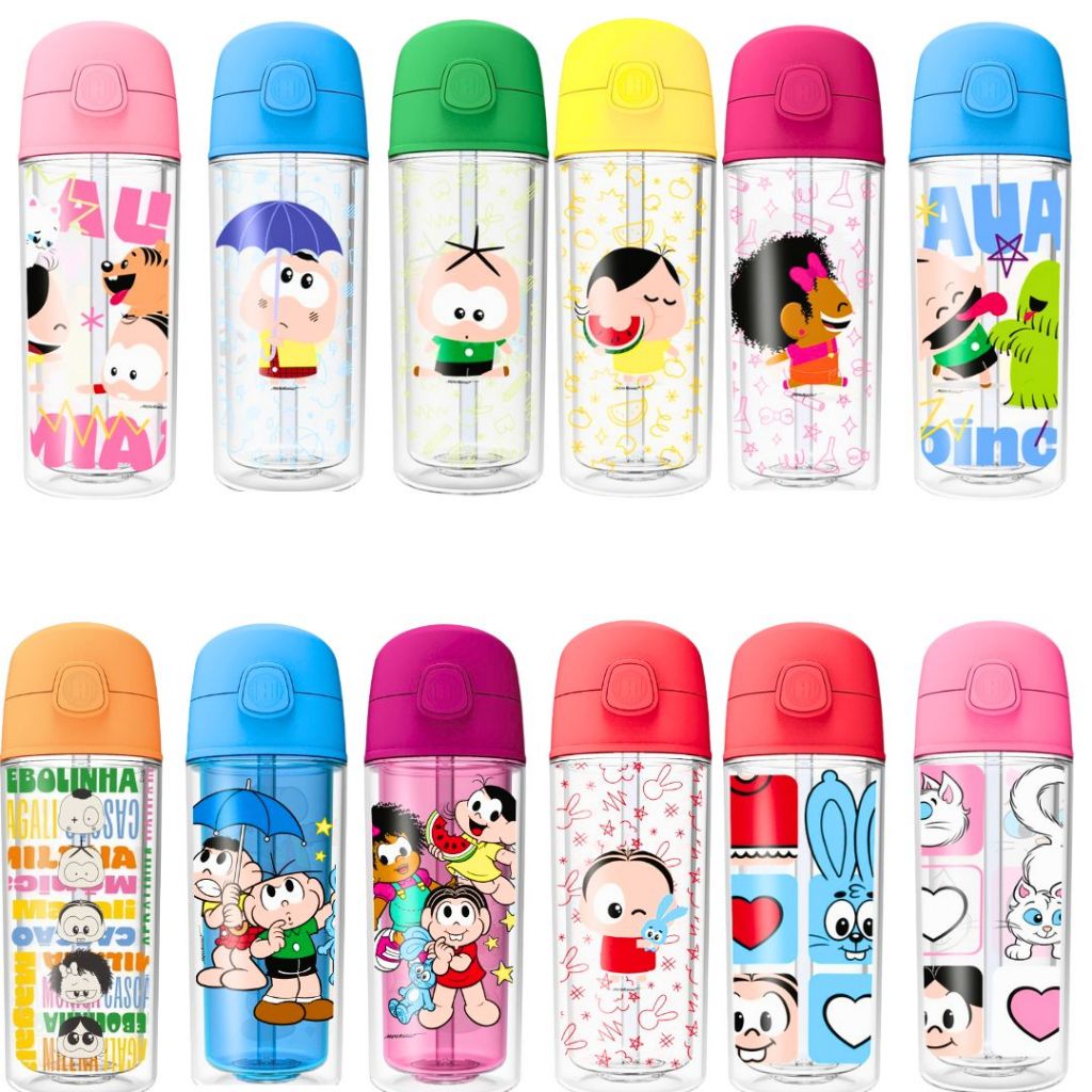 Garrafa Infantil Helsim 270ml Turma da Mônica | Canudo, Botão Click, Parede Dupla Segura