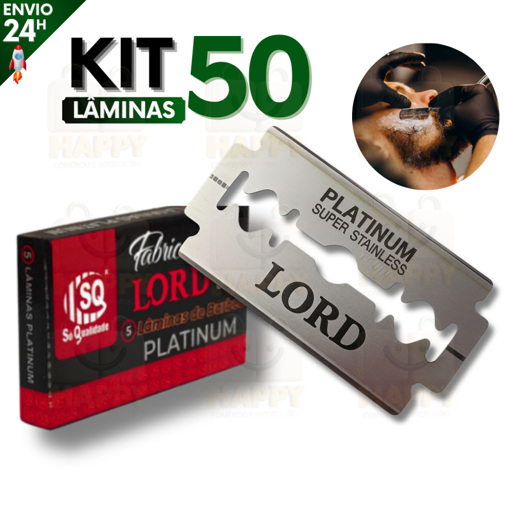 Kit 50 Lâminas Lord Platinum Para Barbeiros Profissional | Gillette Egípcia Aço Inox Durável