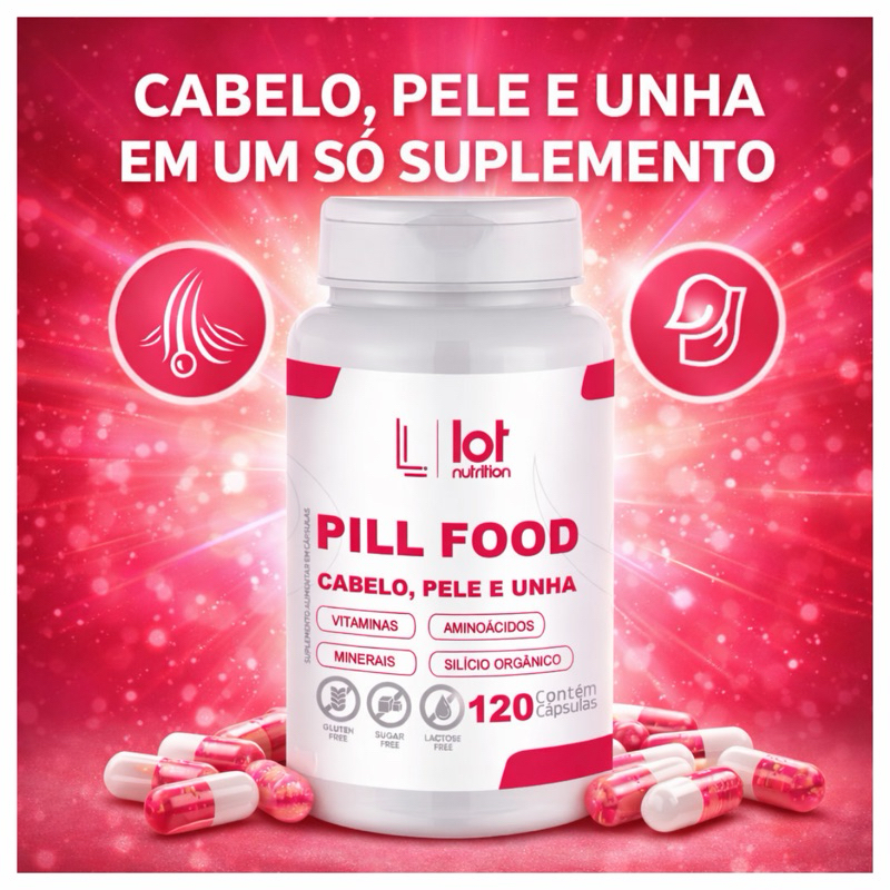 Pill Food Turbinado 120 cápsulas Cabelos Unhas Pele Silício Biotina Vitaminas Minerais Aminoácidos