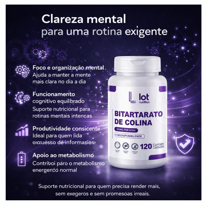 Bitartarato de Colina 450mg 120 cápsulas Foco Mental Memória Lot Nutrition