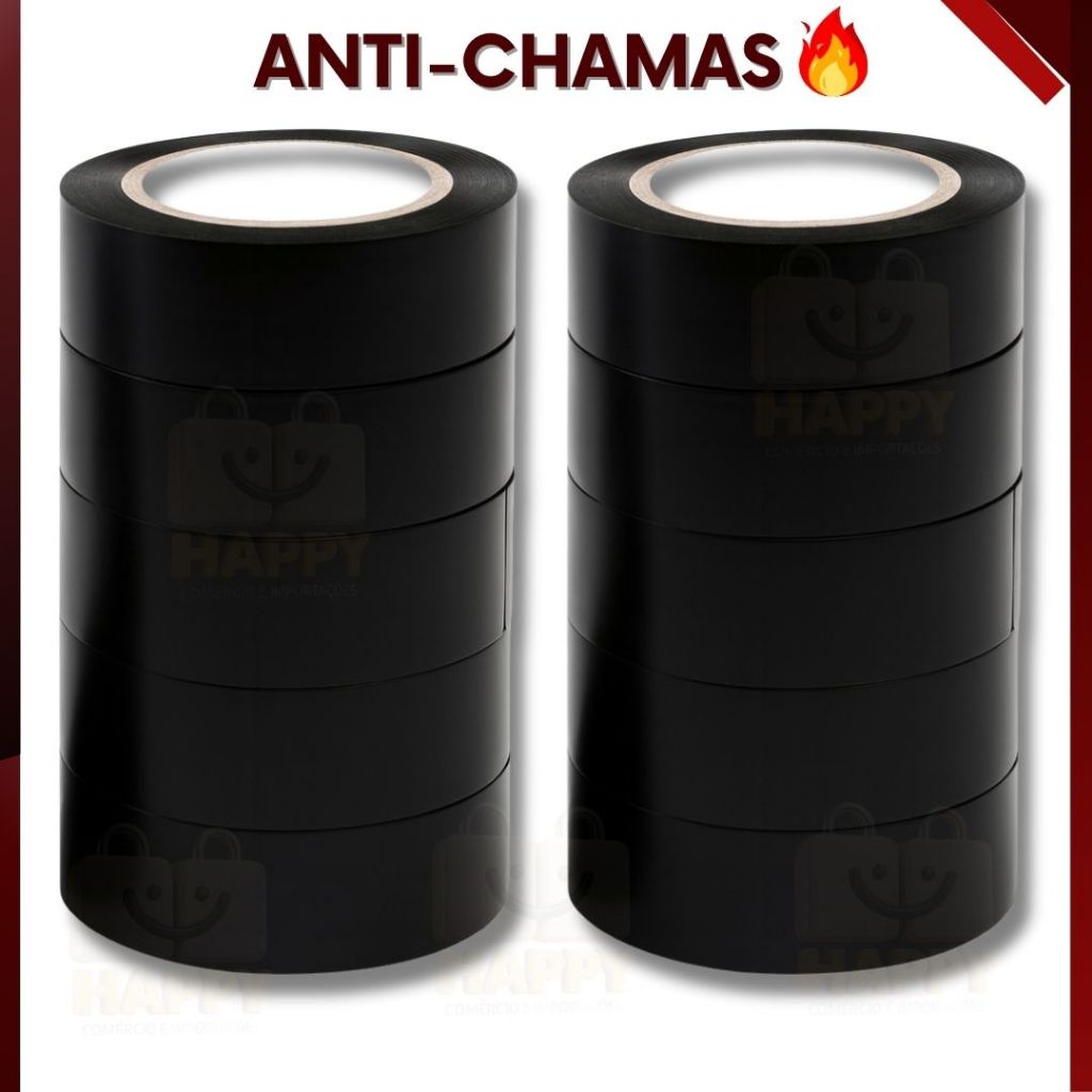 Kit 10 Fita Isolante Antichamas Preta 5 Metros para Isolamento Elétrico Uso Profissional