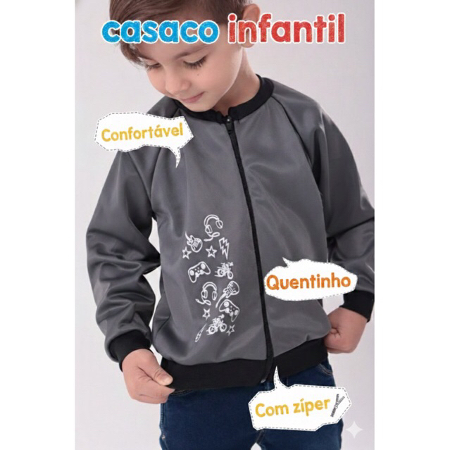 Casaco Infantil Masculino, Jaqueta Infantil, Casaco Manga Longa com Zíper, Gola careca. Blusa manga Longa do 2 a 8 Anos.