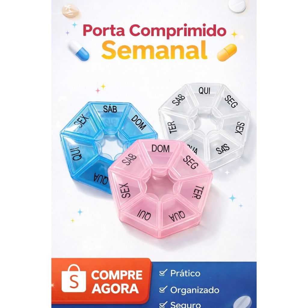 Porta Comprimido Estojo Caixa Organizadora Semanal Remédio Diário 7 Dias Medicamento Divisórias