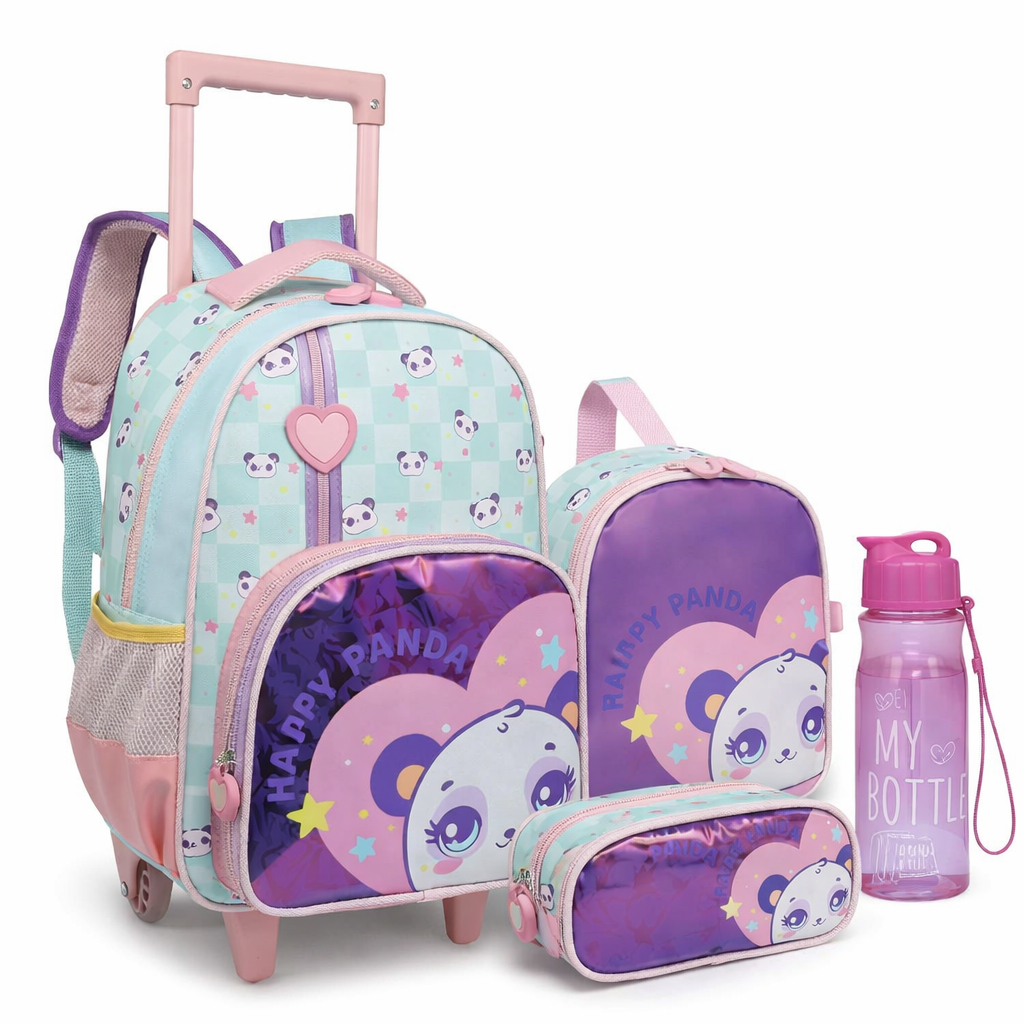 Kit Mochila Infantil Panda Escolar com Carrinha Estojo Lancheira
