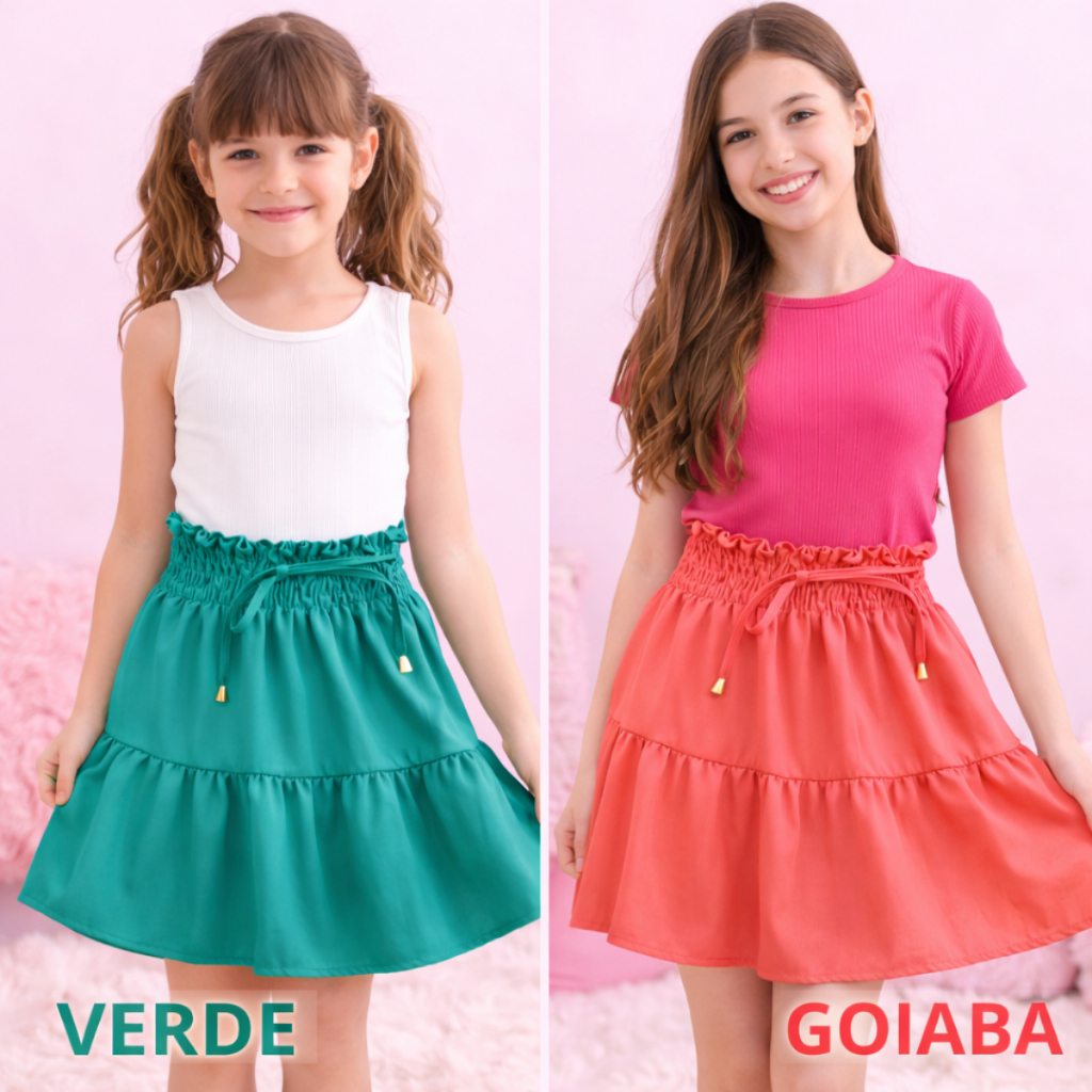 Saias infantil e infanto-juvenil com elástico na cintura, roupas para crianças soltinha linda