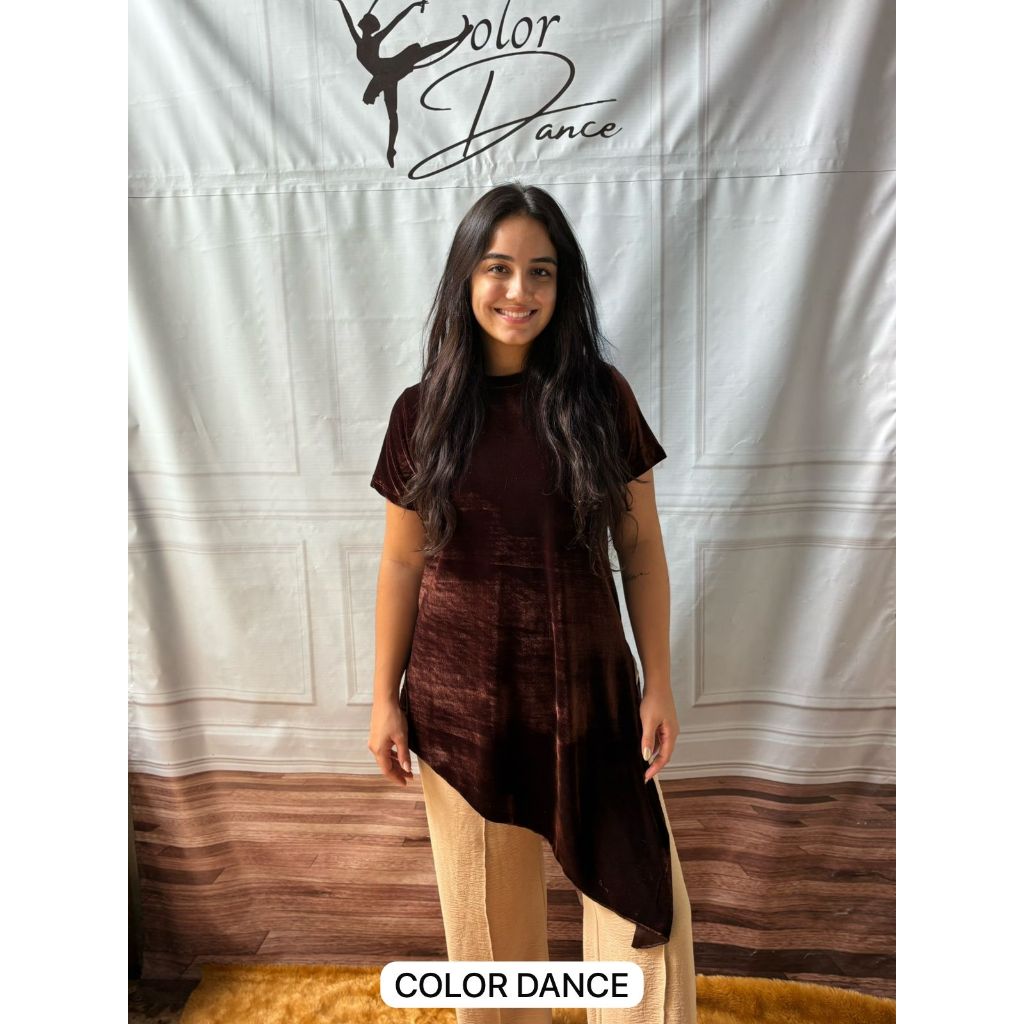Bata Feminina de Dança Profética Gospel Veludo Marrom Luxo