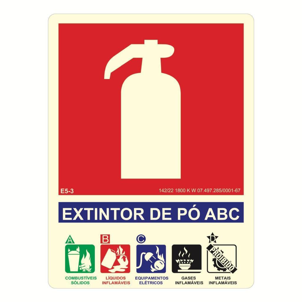 Placa de Sinalização Fotoluminescente 15x20cm Extintores de Incêndio Água/ BC/ ABC/ CO2