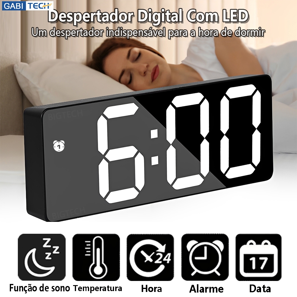 Relógio Despertador Digital Inteligente De Mesa 16 X 6x 2 Cm Com Alarme Temperatura E Data