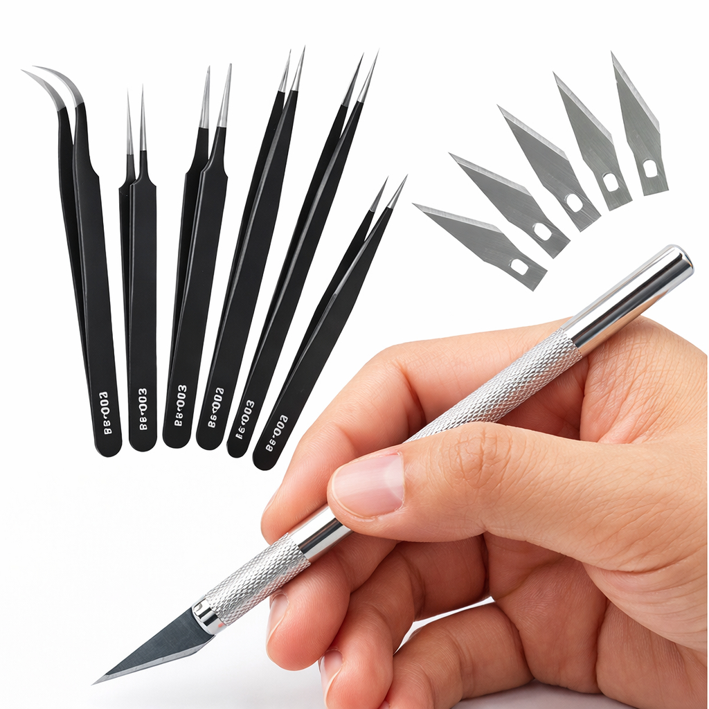 Kit com Estilete De Precisão Bisturi Para Corte 5 Laminas + 6 Pinças Artesanato Arte Profissional