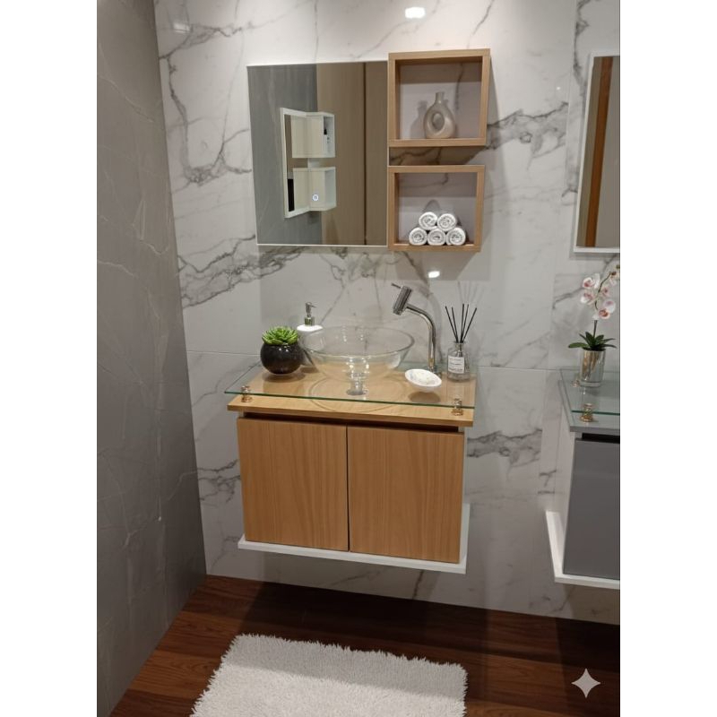 Kit COMPLETO Gabinete com Espelheira com Cuba de Acrilico Banheiro Armario