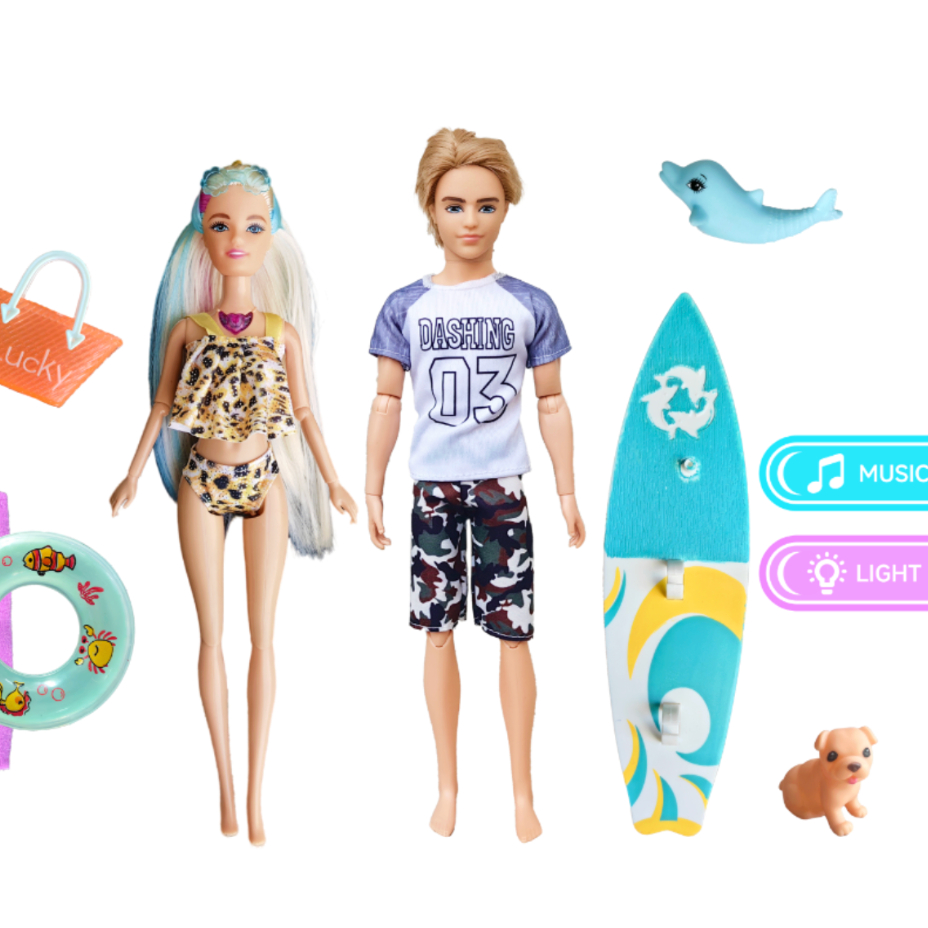 Bonecos Casal Ken com Pets e Acessórios de Praia Brinquedo Infantil Envio Aleatório