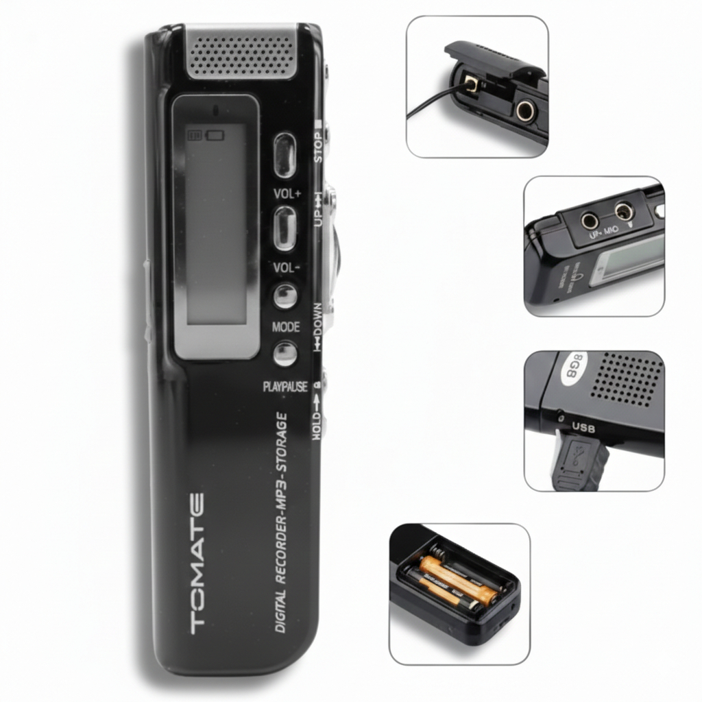 Gravador de Voz Portátil Digital 8GB MP3 140h VOR Display LCD USB Alto falante Microfone Compacto