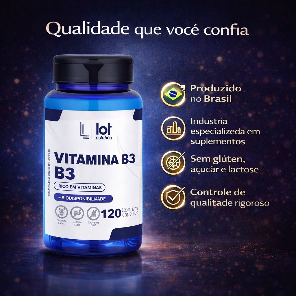 Vitamina B3 Niacina 120 cápsulas Circulação Pele Sistema Nervoso Lot Nutrition