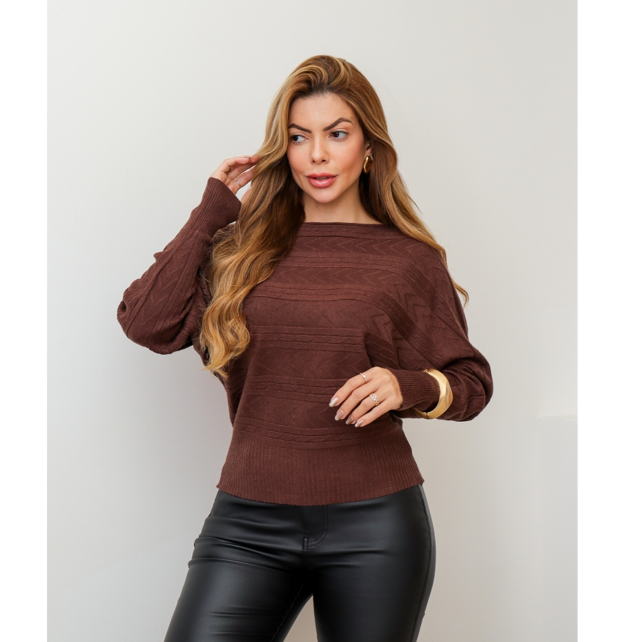 Blusa Suéter Feminino em Tricot Texturizado Manga Longa Casual Inverno 3RD SD2021