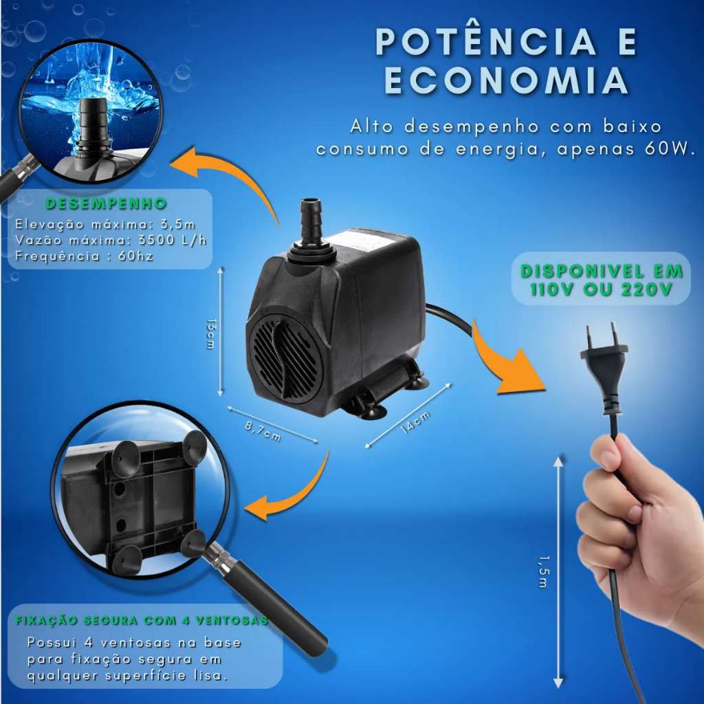 Bomba Submersa 2000l/h 2m Lagos Recalque Fontes Aquários Cas 127v